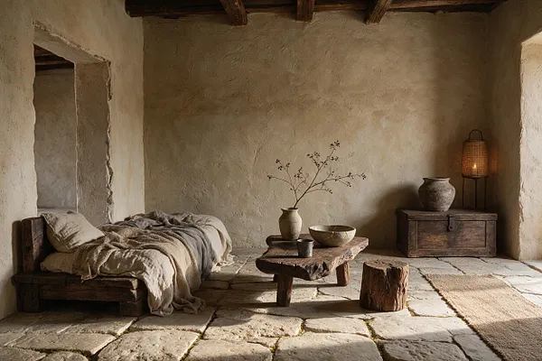 A serene rustic room with rough plaster walls, exposed dark wood ceiling beams, and a stone floor. Low wooden furniture, neutral textiles, ceramic vessels, and a woven lamp create an earthy Wabi-Sabi atmosphere.