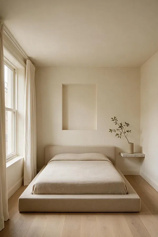A minimalist master bedroom with a low upholstered platform bed in soft beige, placed against a plain cream wall with a recessed niche above the headboard. Natural light enters through a large window on the left with sheer curtains, and a small floating shelf on the right holds a simple vase with a branch, creating a calm, uncluttered atmosphere.