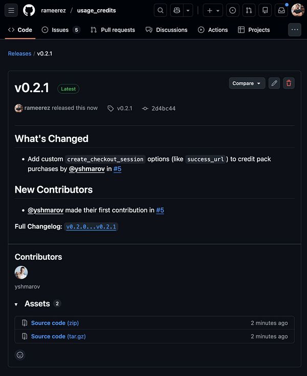 Screenshot of a GitHub pull request showing updates to the usage_credits app for version 0.2.1 with specific code changes and commit details.