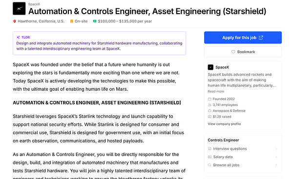 Screenshot of a website listing startup jobs with company metadata and filters on the left sidebar.