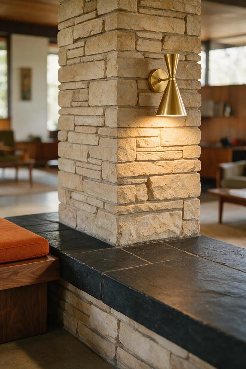 A close-up of a Mid-Century Modern interior detail featuring a stacked stone column above a dark slate hearth. A sculptural brass wall sconce is mounted on the stone, while warm wood furniture and soft, blurred seating appear in the background.