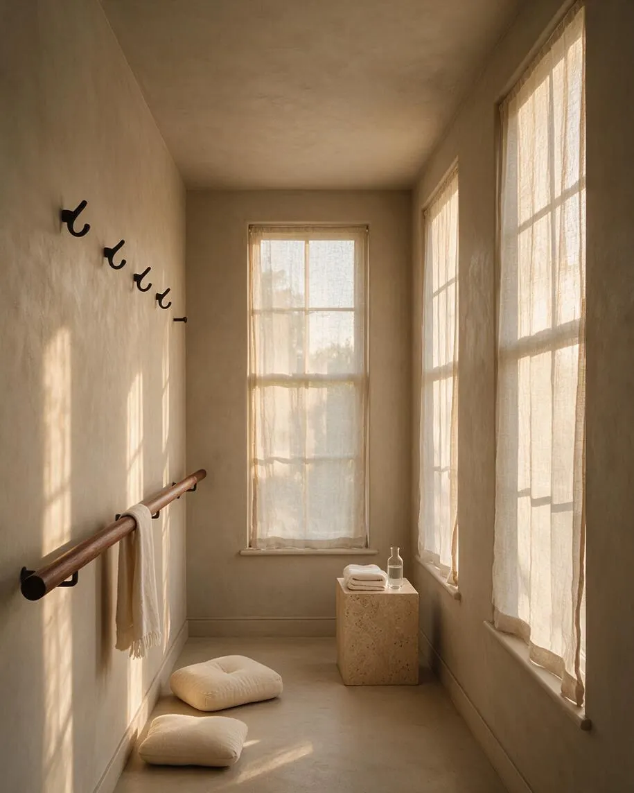 A narrow home gym with warm beige plaster walls, sheer linen curtains, and soft natural light streaming through tall windows. A wooden ballet-style barre runs along one wall, with cushioned floor pillows, black wall hooks, and a small stone pedestal holding folded towels and a glass bottle, creating a calm organic modern exercise space.
