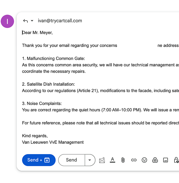 An email response addressing various concerns from a resident.