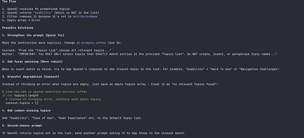 The image displays a code snippet and instructions related to improving the OpenAI classification flow.