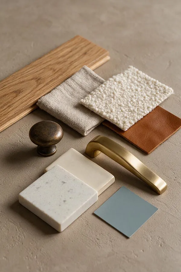 A curated arrangement of interior finish samples rests on a textured beige surface, including an oak wood plank, woven neutral fabric swatches, a boucle textile, a tan leather piece, two light stone tiles, a brass drawer pull, a dark metal knob, and a pale blue sample card. The mix of natural textures and soft neutrals with warm metallic accents creates a balanced Transitional style mood.