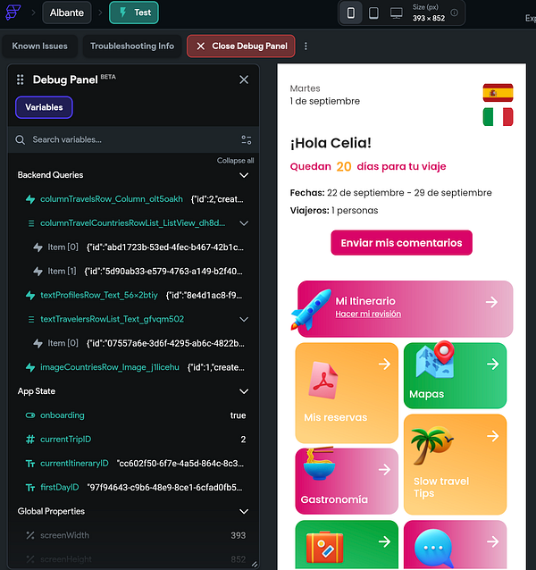 The image displays a debugging interface for a Flutterflow travel app alongside a user interface for a travel itinerary.