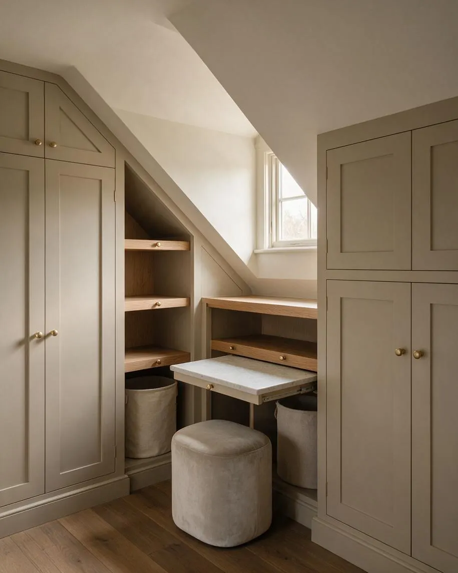 A transitional closet nook with taupe paneled cabinetry fitted under a sloped ceiling, featuring brass knobs, open wood shelves, and a built-in desk beneath a small window. A soft upholstered stool sits in front of the desk, and warm wood flooring adds contrast.