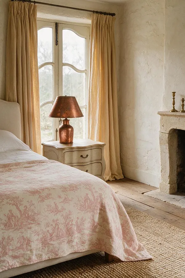 A French Country master bedroom with a bed dressed in a pale pink toile-style coverlet, cream curtains framing a tall window, and a vintage-style nightstand with a copper lamp. The room has textured plaster walls, a stone fireplace, wide wood floorboards, and a woven natural fiber rug.