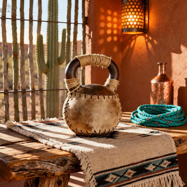 Close-up of a Southwestern-style home gym vignette featuring a weathered wooden bench draped with a woven runner in black, cream, and teal patterns. On top sit a handmade leather-stitched kettlebell with rawhide-wrapped handle, a coiled turquoise battle rope with orange flecks, and a hammered copper bottle, all set against terracotta stucco walls, a perforated metal sconce casting warm light, and a desert backdrop with saguaro and stick fence.