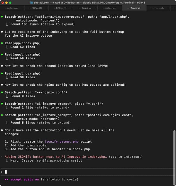 A terminal window displaying code and commands related to adding a JSONify button in a web application.