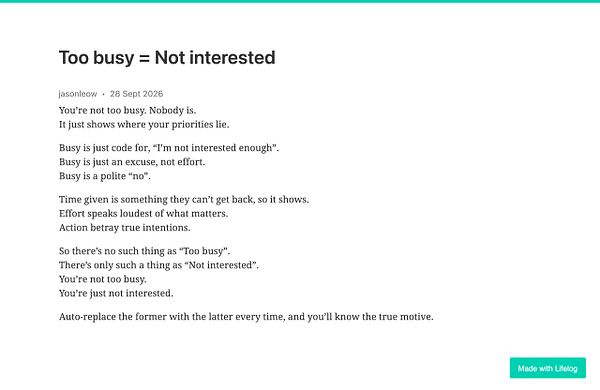 Text post titled 'Too busy = Not interested' by jasonleow discussing the true meaning behind being 'too busy'.