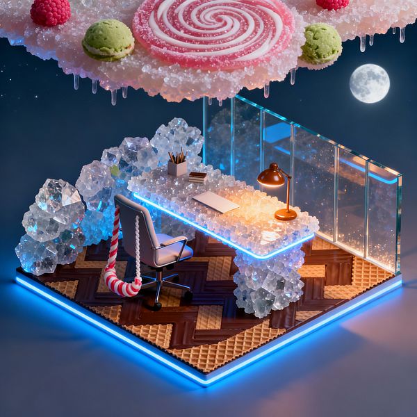 An imaginative home office features a desk built from rock-candy crystals with glowing blue LED edges on a herringbone floor of chocolate and wafer tiles. A warm brass task lamp, white swivel chair, and candy-cane rope sit beside clear glass wall panels, while a sugary canopy with a large pink swirled lollipop and macarons hangs above against a moonlit sky, creating a playful yet functional workspace.