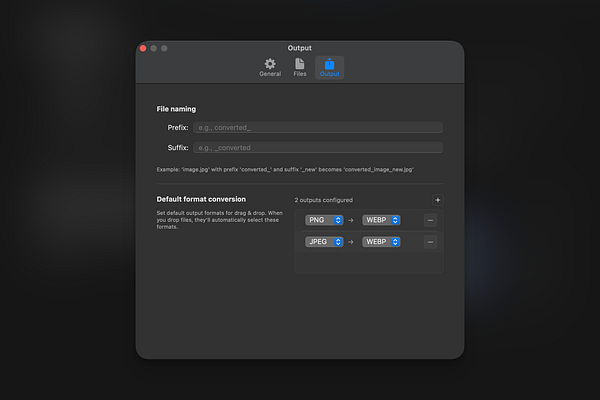 The image displays the 'Output' settings menu of the Picmal application, showcasing file naming options and default format conversions.