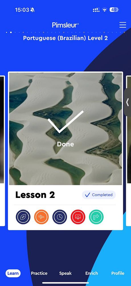 The image displays a completed lesson from the Pimsleur language learning app for Brazilian Portuguese.