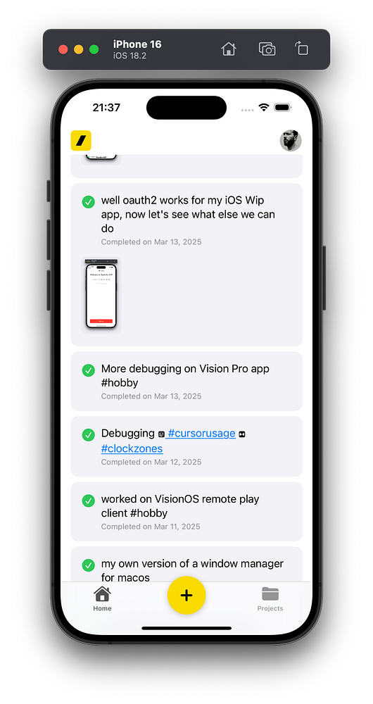 The image displays a task management interface on an iOS device, showcasing completed tasks related to an iOS client app.