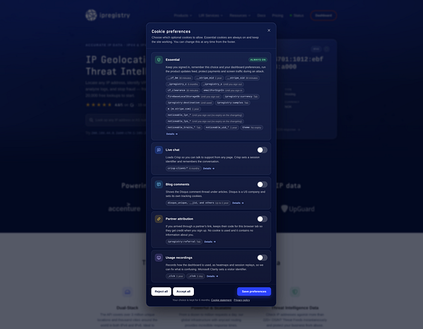 A detailed cookie preferences banner on the ipregistry website allowing users to customize cookie settings including essential, live chat, blog comments, partner attribution, and usage recordings.