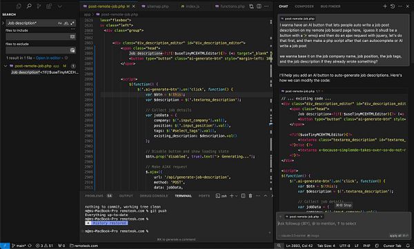 The image displays a code editor interface showing a PHP file with a task to add an AI button for generating job descriptions.