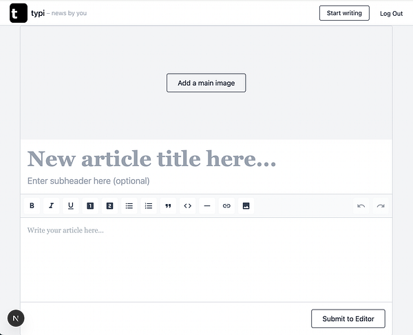 The image displays a user interface for creating a new article on a platform called 'typi'.