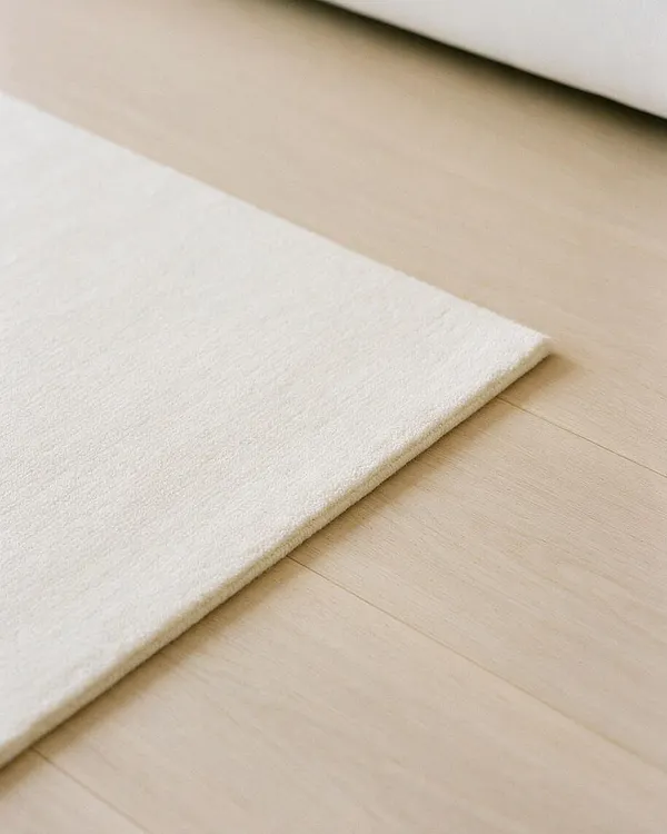 A close-up view of a soft cream rug with a low, plush texture laid over a light natural wood floor. The image highlights the clean edge of the rug, subtle wood grain, and a calm neutral palette in a minimalist interior.