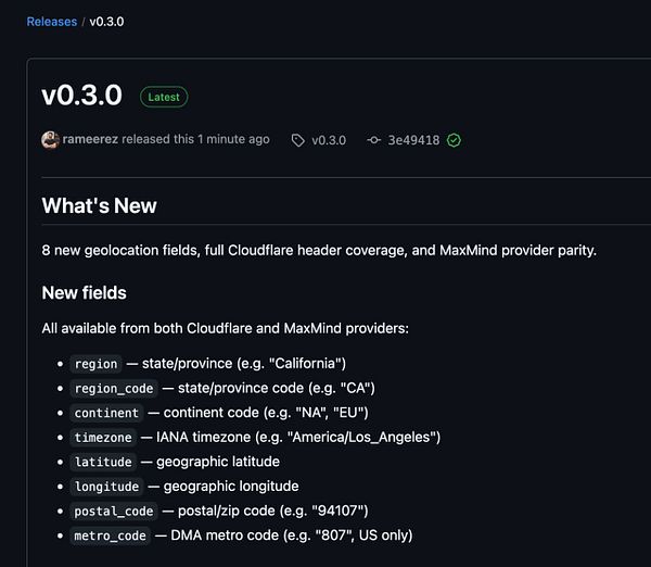 Code snippet showing the release notes and gemspec file for trackdown gem version 0.3.0 including Cloudflare geolocation data support.