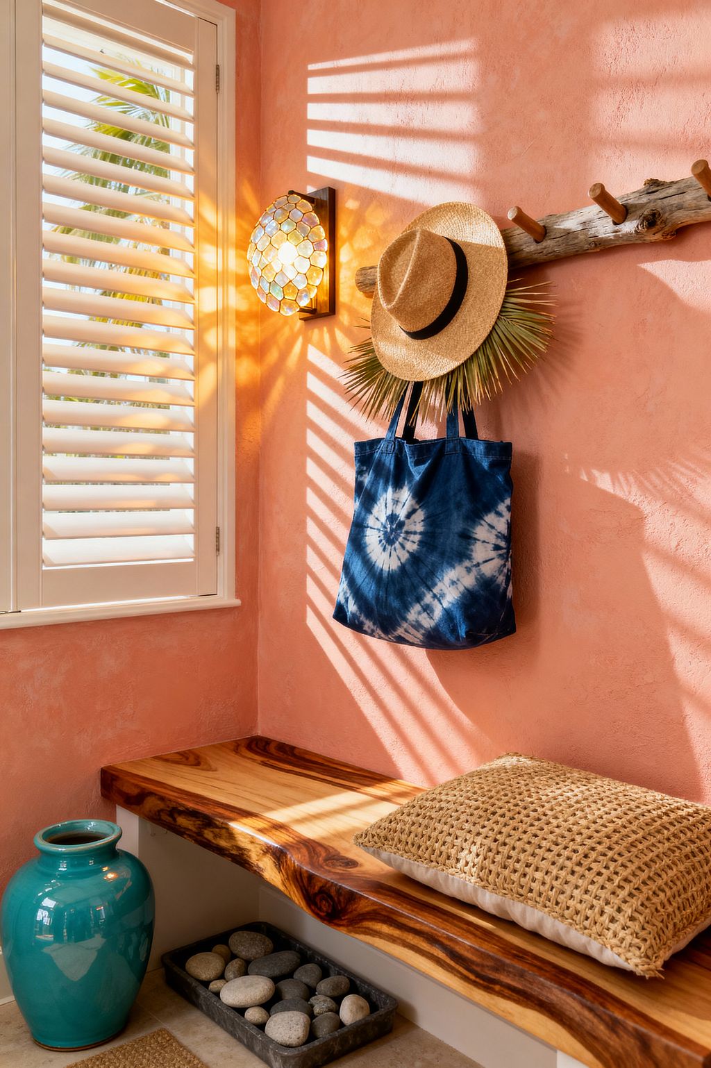 A small tropical mudroom corner with coral textured walls and white plantation shutters filtering bright sunlight onto a live-edge wood bench. On the wall, a capiz shell mosaic sconce glows beside a driftwood peg rail holding a straw hat, palm frond, and indigo tie-dye tote; a woven rattan cushion sits on the bench, with a turquoise ceramic urn and a tray of smooth river stones on the floor.