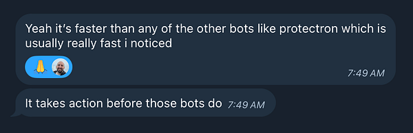 A conversation in a messaging app discussing the speed of a bot compared to others.