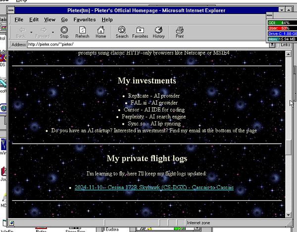 The image displays a webpage titled 'Pieter's Official Homepage' featuring sections on investments and private flight logs.
