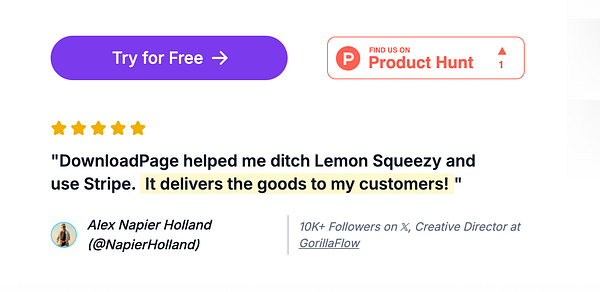 A testimonial highlighting the benefits of DownloadPage, featuring a five-star rating and the author's details.