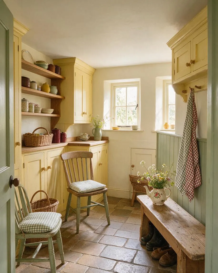 A cozy cottage-style mudroom with pale yellow built-in cabinets, sage green half-paneling, and rustic stone tile flooring. Open wooden shelves hold ceramic jars and bowls, while wicker baskets, gingham cushions, a wooden bench, and hanging tea towels add a quaint, lived-in feel.