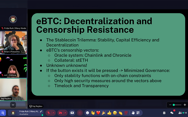 The image features a virtual meeting presentation on eBTC, focusing on decentralization and censorship resistance.