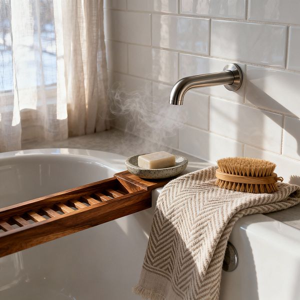A close-up of a Scandinavian-style bathroom shows a white bathtub against glossy white subway tiles with a brushed stainless steel wall-mounted spout, while sunlight filtered through a sheer linen curtain casts soft shadows. A natural wood bath caddy holds a speckled stoneware soap dish with a bar of soap and steam rises from the water, as an oatmeal herringbone cotton towel and a round natural-bristle brush rest on the tub edge.