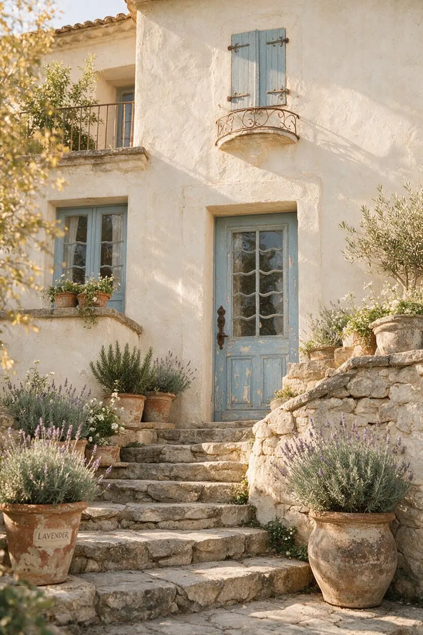A charming French Country exterior with a cream stucco façade, pale blue weathered shutters, and a matching blue door framed by a small wrought-iron balcony. Rough stone steps lead up through terracotta pots filled with lavender and herbs, creating a warm, rustic garden entrance.