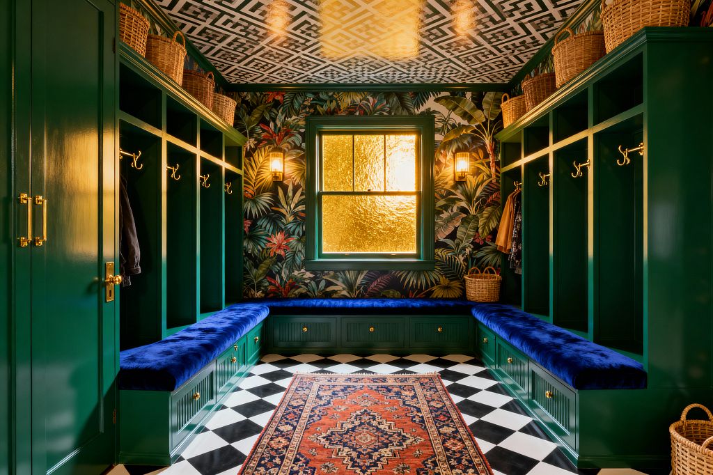 A richly detailed mudroom shows emerald green built-in lockers forming a U-shaped bench with deep blue velvet cushions, brass hooks, and drawer pulls. Tropical leaf wallpaper wraps the walls, a glossy black-and-white Greek key ceiling mirrors the bold checkerboard floor, a Persian-style runner sits in the center, rattan baskets line the upper cubbies, and a window with amber textured glass glows between two brass-and-glass sconces.