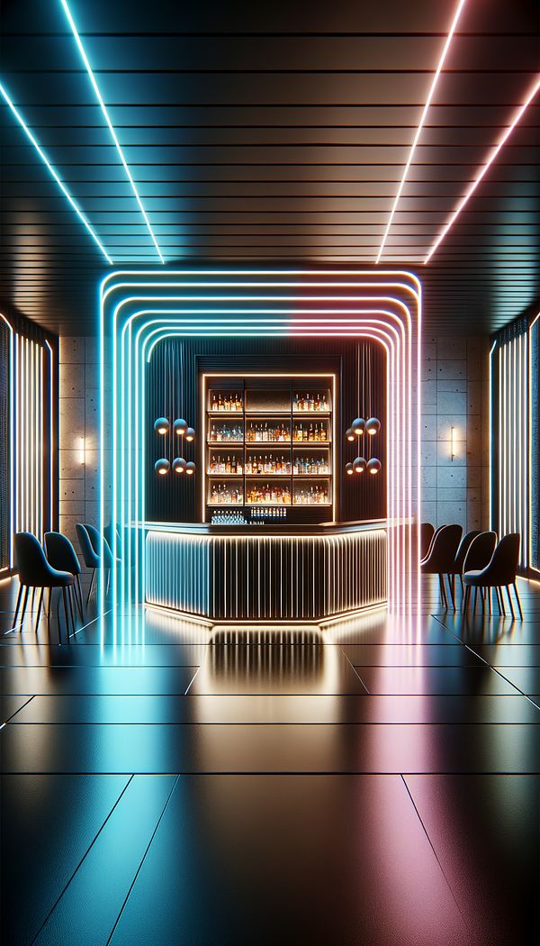 a sleek, modern interior featuring neon lighting accents under the bar and behind decorative panels, casting a vibrant glow that contrasts with the darker surroundings