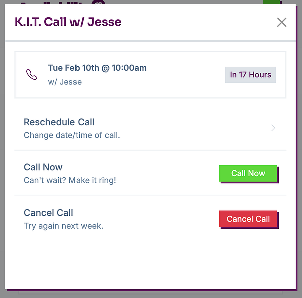 Mobile app interface displaying profile, call, and contact modals with a menu for expanded options instead of direct edit screen.
