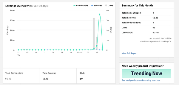 Dashboard showcasing Amazon Associates approval notification, earnings, sales data, and navigation menu.
