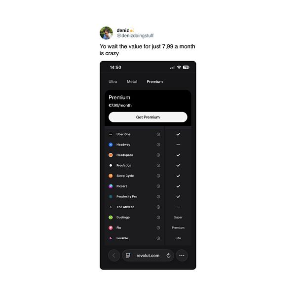Screenshot of a Revolut app screen showing options for unlocking premium plans and saving money on subscriptions like Perplexity, NordVPN, Lovable, and others.
