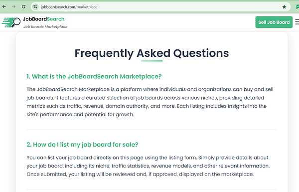 The image displays a Frequently Asked Questions (FAQs) section from the JobBoardSearch Marketplace webpage.