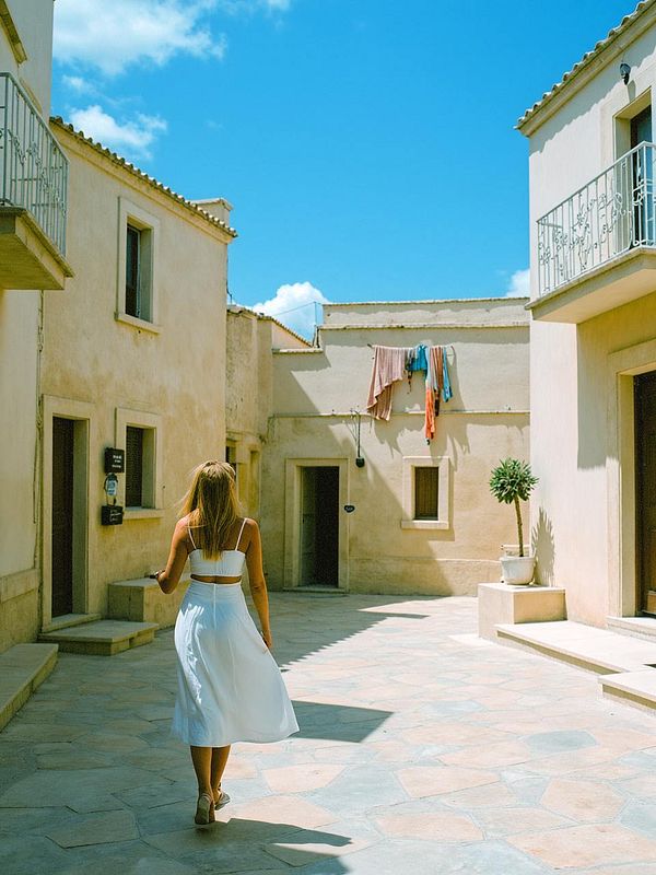 A woman walks through a sunlit courtyard surrounded by beige buildings.