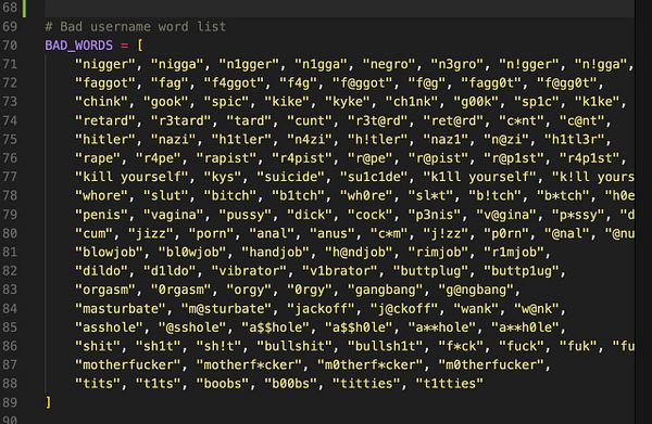 A code snippet displaying a list of inappropriate words for usernames.