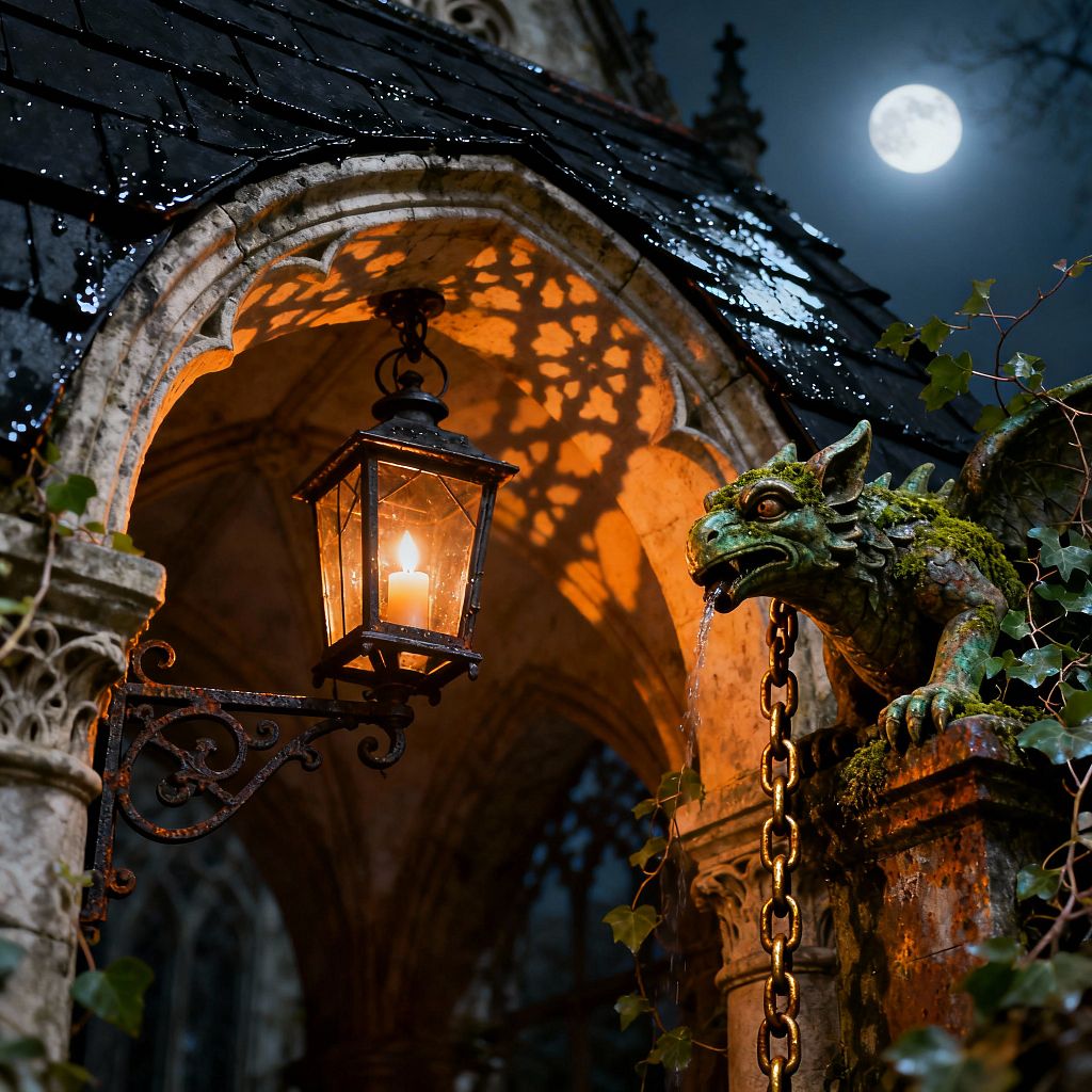 At night, a wrought-iron lantern with a candle hangs from an ornate bracket beneath a pointed Gothic stone arch, casting lace-like shadows on the weathered masonry. A verdigris gargoyle fountain crouches on a mossy pedestal beside a heavy brass chain, water trickling from its mouth, while ivy climbs the columns and wet slate roof tiles glisten under a full moon, bathing the patio in cool blue light.