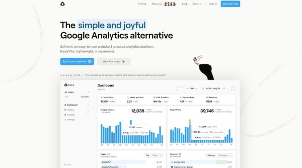 The image displays a promotional webpage for Seline, an alternative to Google Analytics, featuring a dashboard with analytics data.