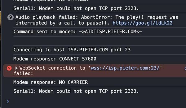 The image displays a terminal interface showing connection attempts to an ISP using a modem with various error messages.