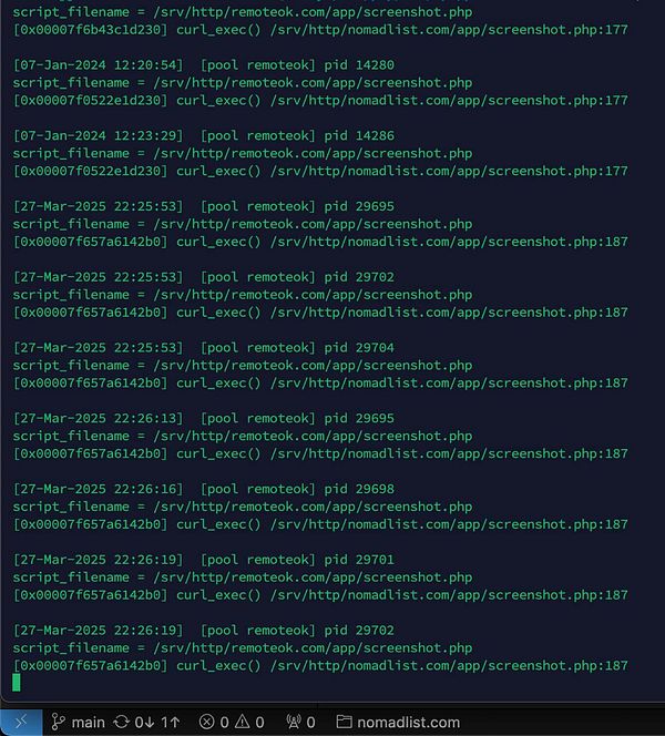 The image displays a terminal window showing log entries related to a PHP script execution.