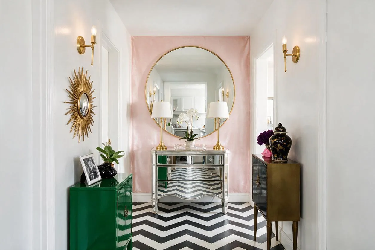 A narrow Hollywood Regency entryway with white walls, a black-and-white chevron floor, and a large round mirror framed by soft pink paneling. Brass wall sconces, mirrored and metallic accent cabinets, and decorative objects create a glamorous, symmetrical look.