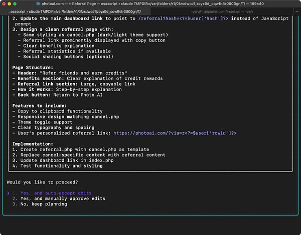 The image displays a terminal interface showing a task list for designing a referral page.