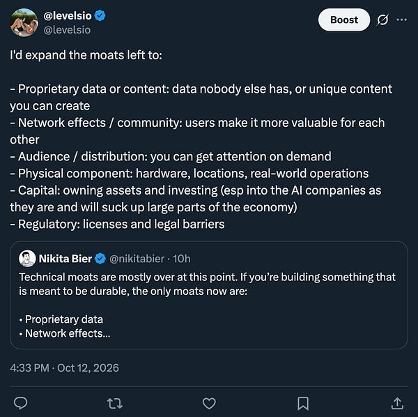 A Twitter conversation about expanding business moats beyond technical ones includes detailed descriptions of different types of moats.