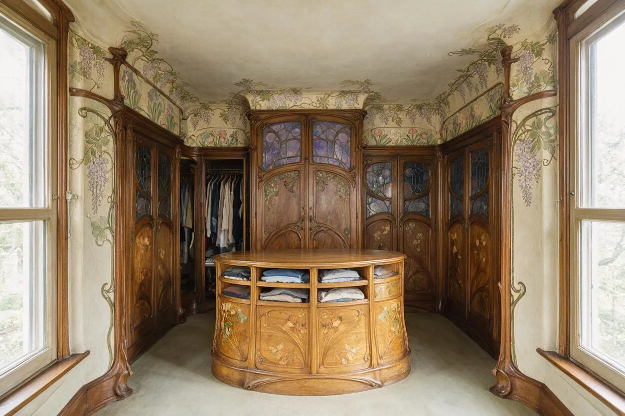 A richly detailed Art Nouveau closet with carved wooden wardrobes lining the walls, stained-glass cabinet doors, and a central oval storage island with open shelves. Floral vine murals wrap the cream walls and ceiling, while tall windows on both sides bring in soft natural light.
