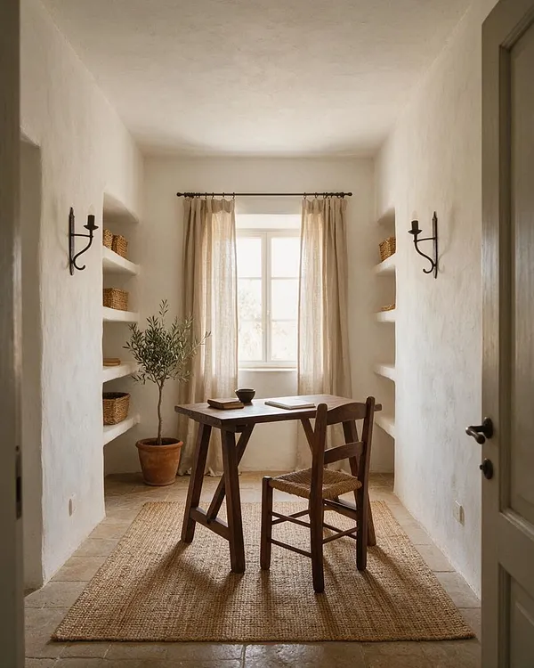 A narrow Mediterranean-style home office with white plaster walls, a small dark wood desk, and a woven chair on a natural jute rug. Sheer curtains frame a bright window, while wall niches hold woven baskets and a potted olive tree adds a soft organic touch.