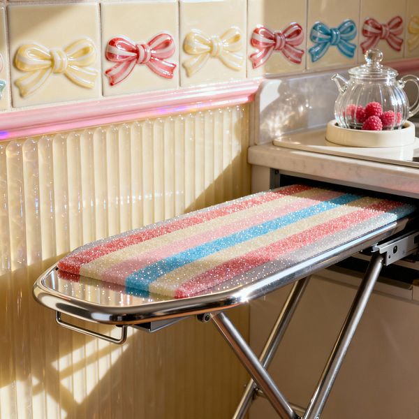 Close-up of a whimsical laundry corner styled like Candy Land: a pull-out ironing board with a glittering pastel cover in pink, aqua, buttercream, and white, edged in chrome, slides from a cabinet beneath a white marble counter. The backsplash features glossy cream tiles with raised bow motifs in pink, red, and blue above a pink trim and iridescent ribbed wainscoting. Sunlight hits a glass teapot on a tray with red berries, making the surfaces sparkle.